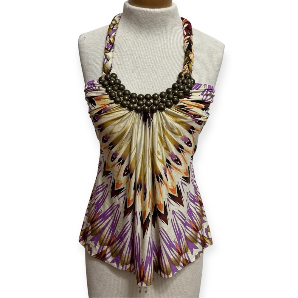 Vintage Sky Y2K 100% Silk Embellished Halter Blouse Top XS